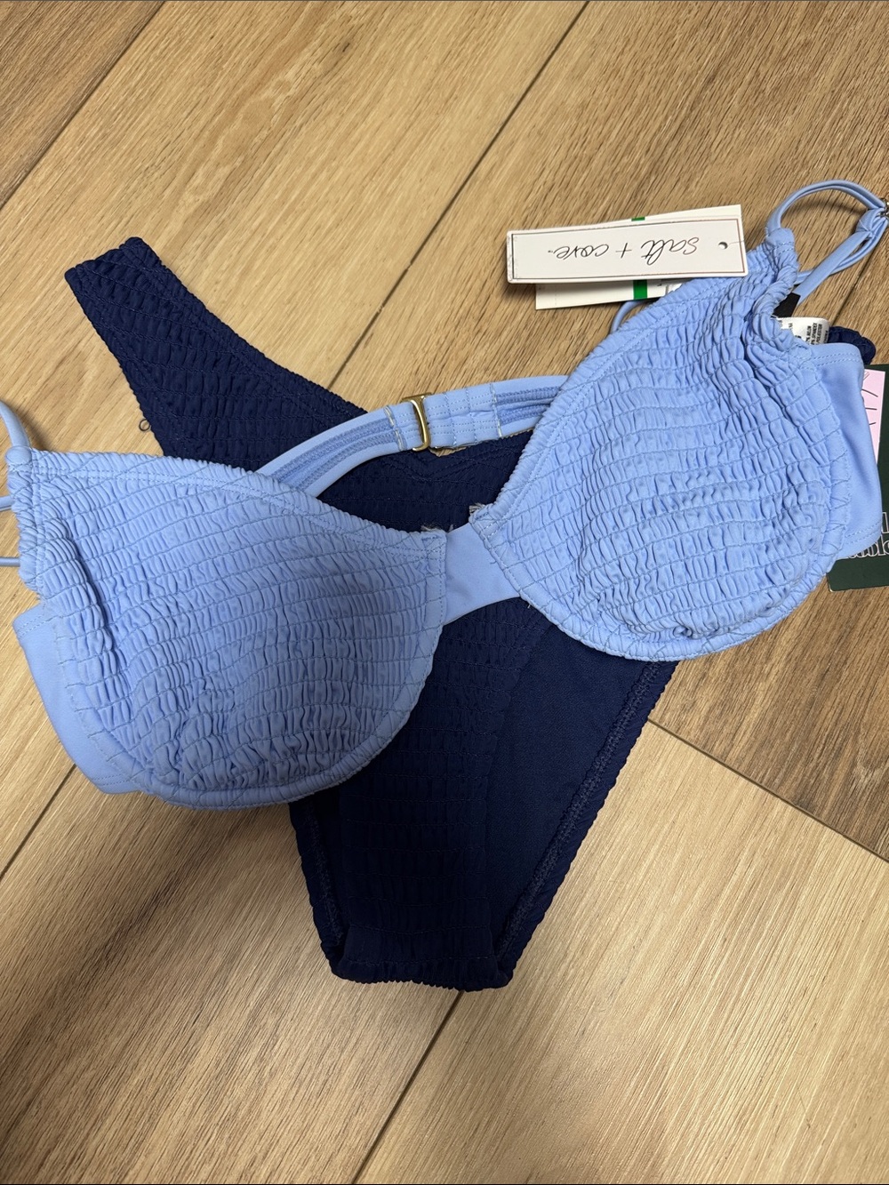 Light Blue L smocked Balconette Bra top & Navy smocked M Bikini Bottom Set